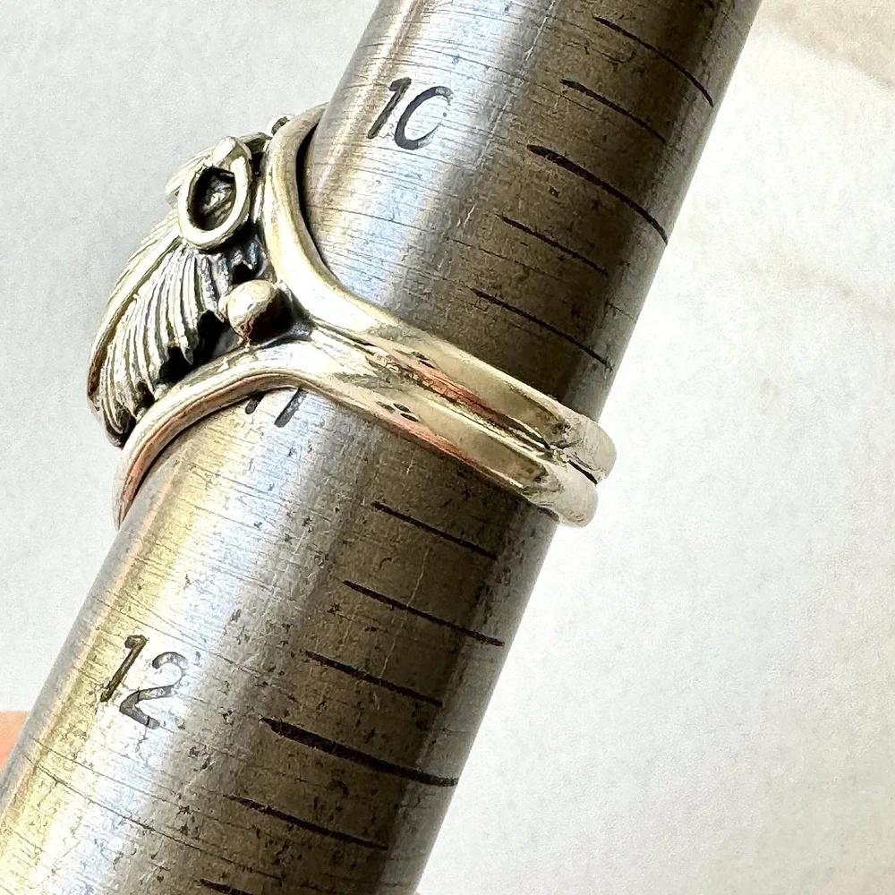 Navajo Turquoise Mens Ring Sz 11 Leaf Feather Signed Morgan Sterling Native Amer
